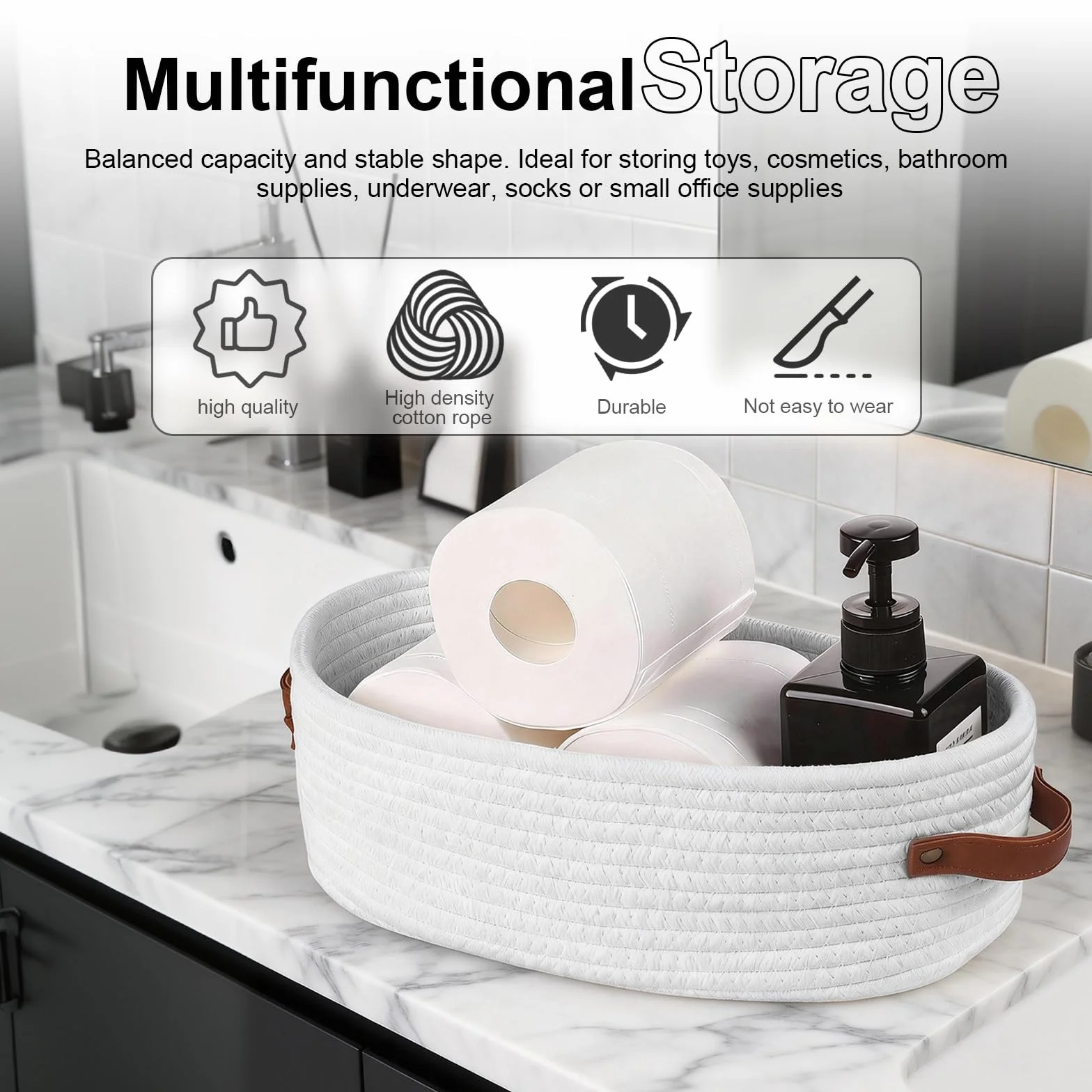 Cesta de Almacenaje Tejida de Cuerda de Algodón 33×15×10 cm con Asas de Cuero para Baño, Cocina, Estantería (Blanco)