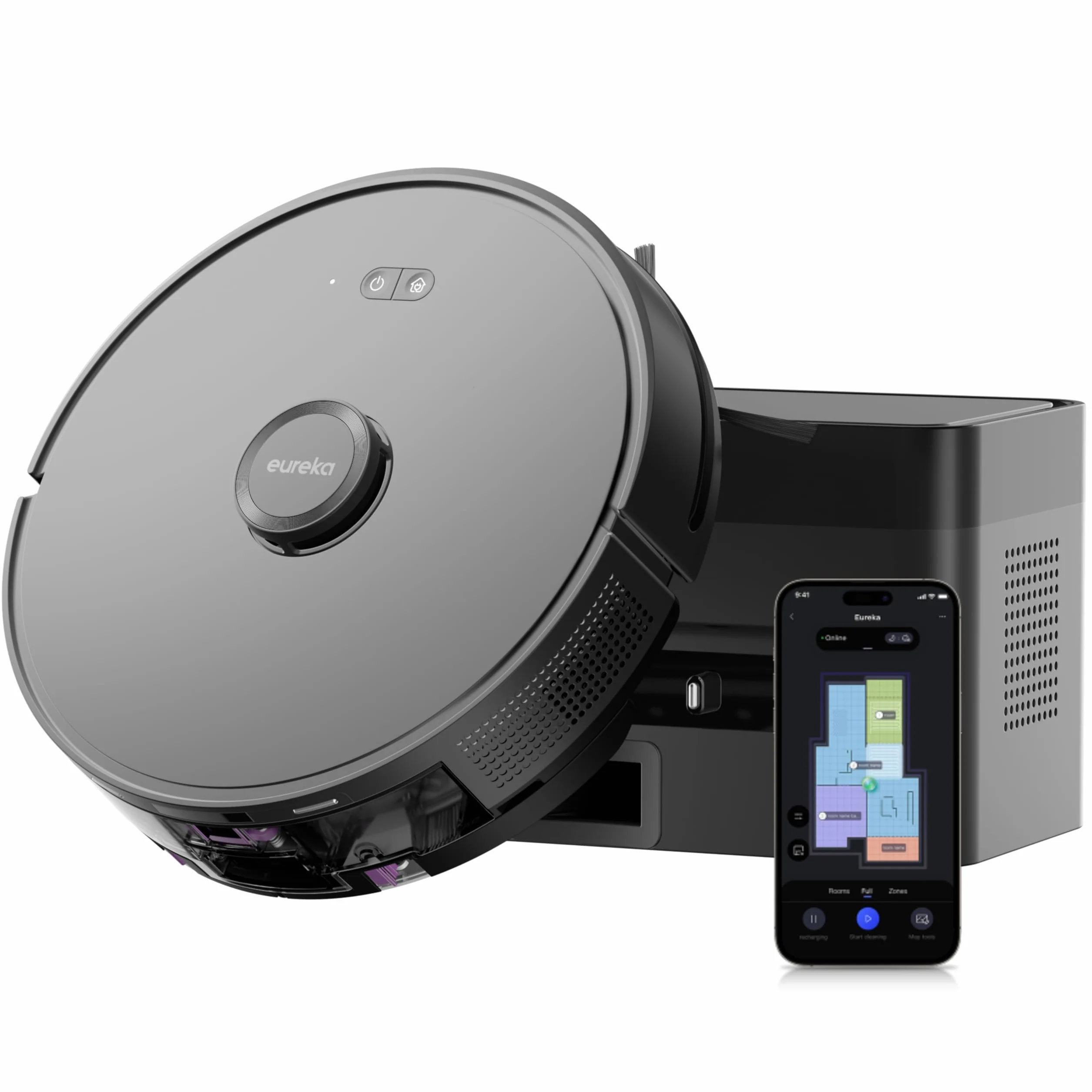 Eureka E6 Plus Robot Aspirador y Fregasuelos, 5000Pa Succión Potente, Base de Vaciado Automático 2.5L,Sistema LiDAR preciso, Control por App, Diseño Anti-enredo, Ahorrador de Espacio,Mapa Multicapa