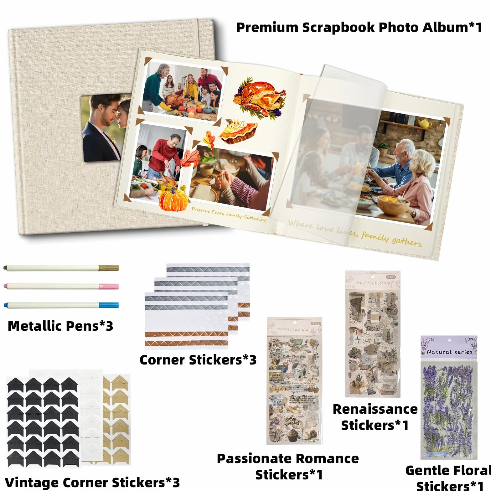 Álbum Fotográfico de Lino 30x30 cm Vienrose con Espacios para Texto, Scrapbook DIY 60 Páginas Beige