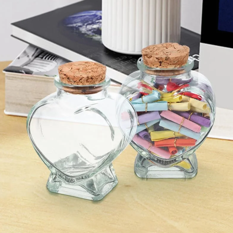 IMIKEYA 4 botellas de cristal en forma de corazón: pequeñas botellas de vidrio decorativas con corcho, botellas de 50 ml en forma de corazón para rellenar, botellas de deseos para bodas, San Valentín