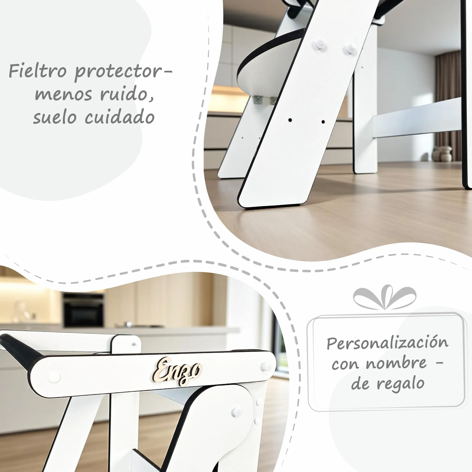 Torre de Aprendizaje Montessori Blanca Compacta, Evolutiva Niños, Escalera 2 Peldaños, Taburete Infantil