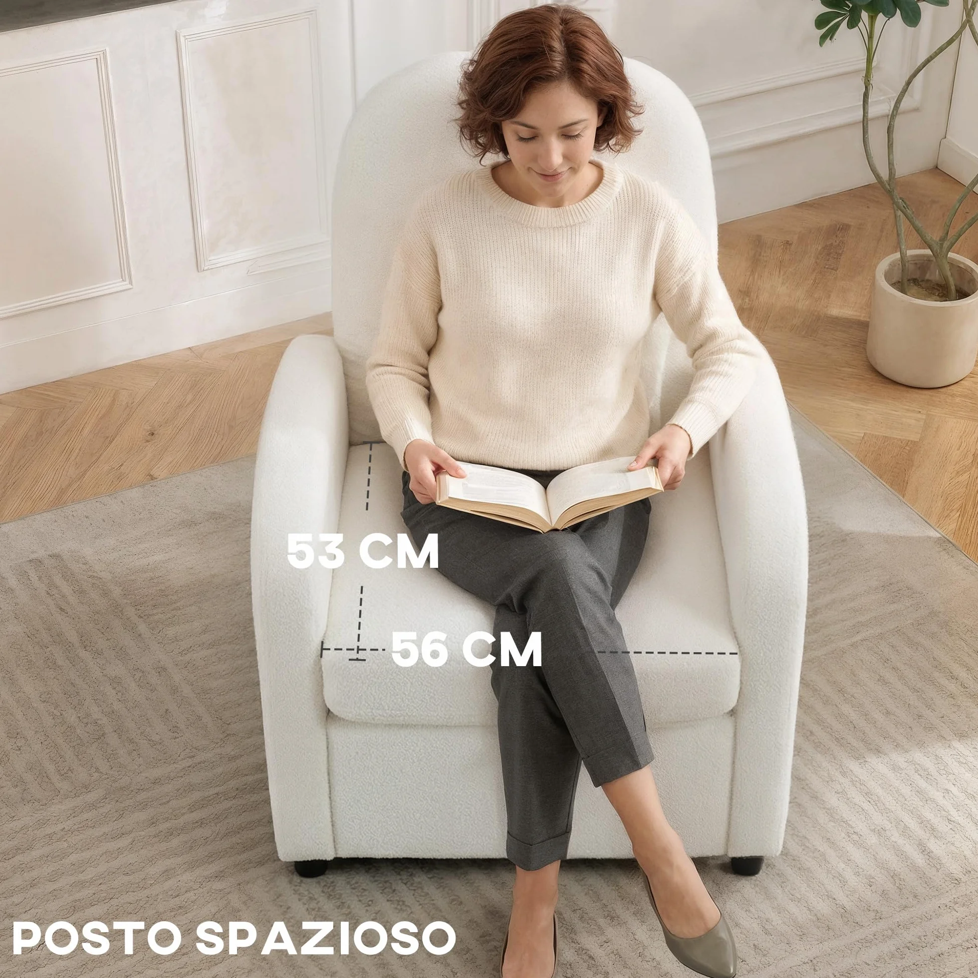 HOMCOM Sillón de salón acolchado con almacenamiento oculto, respaldo alto, sillón moderno con reposabrazos, cojín lumbar y asiento ancho, de terciopelo de peluche, para dormitorio y salón, color crema