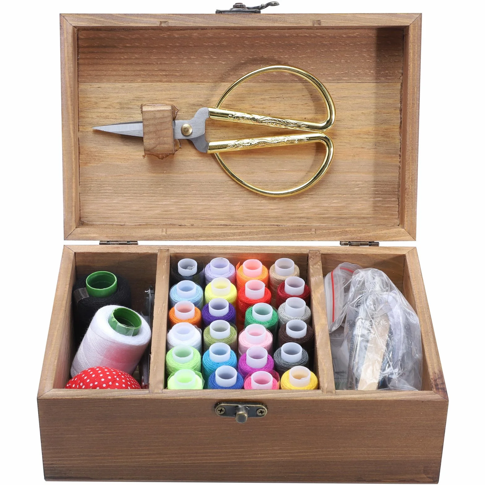 POPETPOP Caja de Almacenamiento de Costura de Gran Capacidad Material de Madera Retro y Poliéster para Diy, Estuche Ecológico para Guardar Agujas y Accesorios