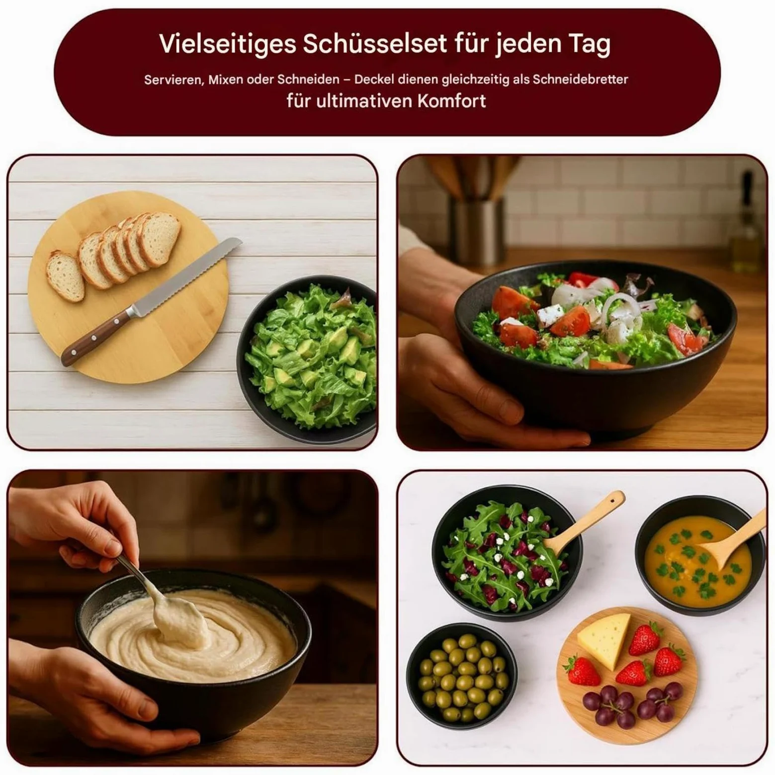 Bol Para Ensalada Con Tapa Para Preparar Almacenar y Servir | Ensaladeras Anidables Para Cocina Preparación Y Servicio De Comidas Ensalada Snacks Pan Sopa Frutas Verduras Con