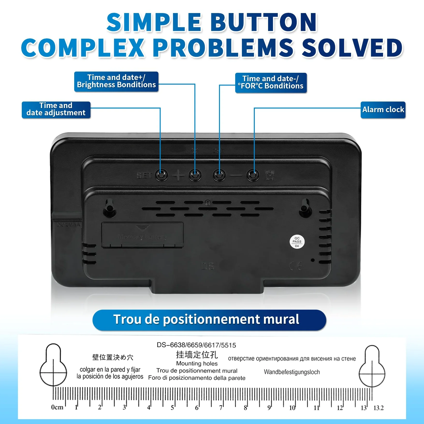 KCKJ Reloj despertador digital grande para dormitorio y hogar, con visualización de temperatura, fecha y día de la semana, brillo y volumen ajustables, doble uso para escritorio o montaje en pared