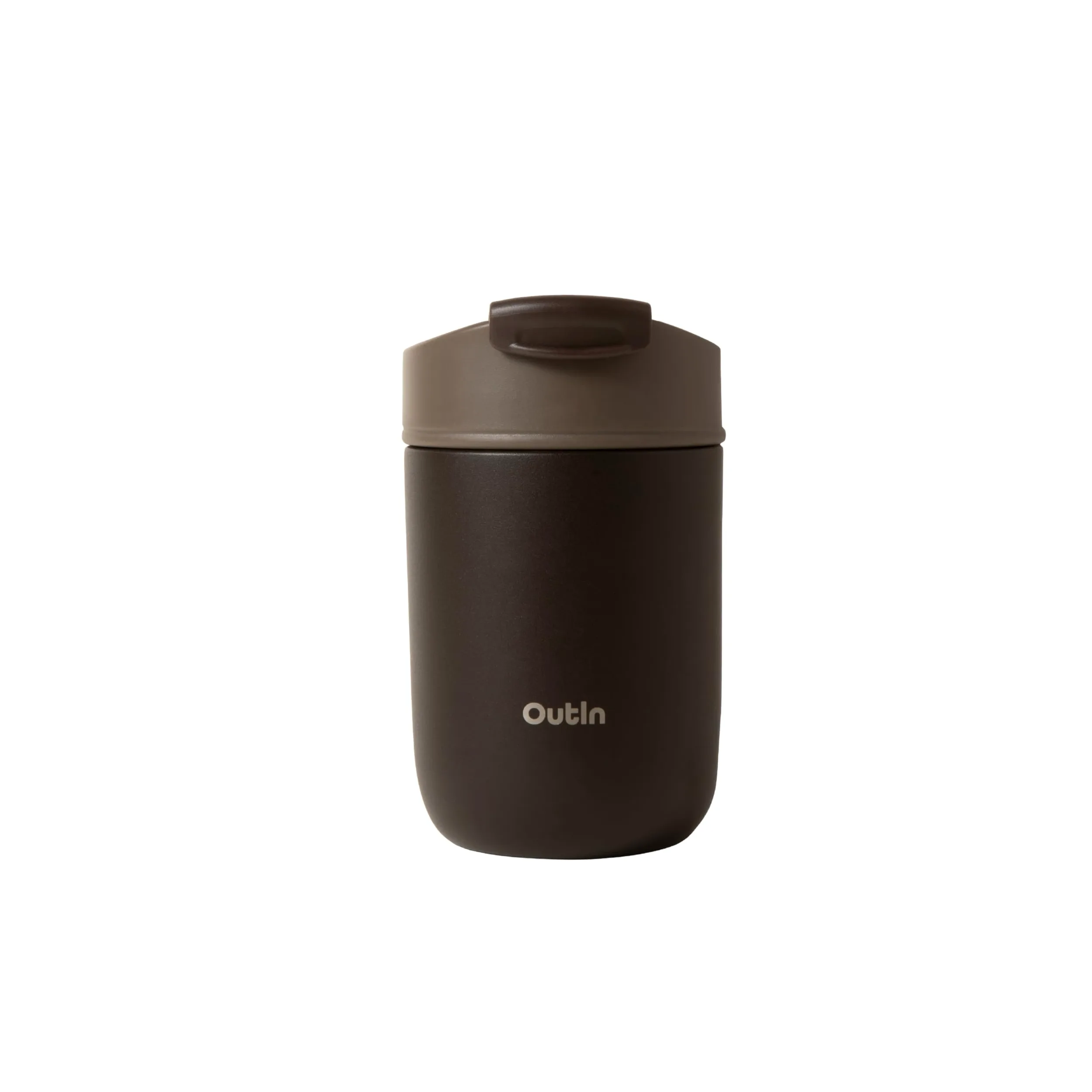 OutIn Travel Tumbler, vaso térmico de café estanco, 350 ml | Vaso de acero inoxidable con tapa abatible para bebidas calientes y frías, uso exterior, Terra Brown