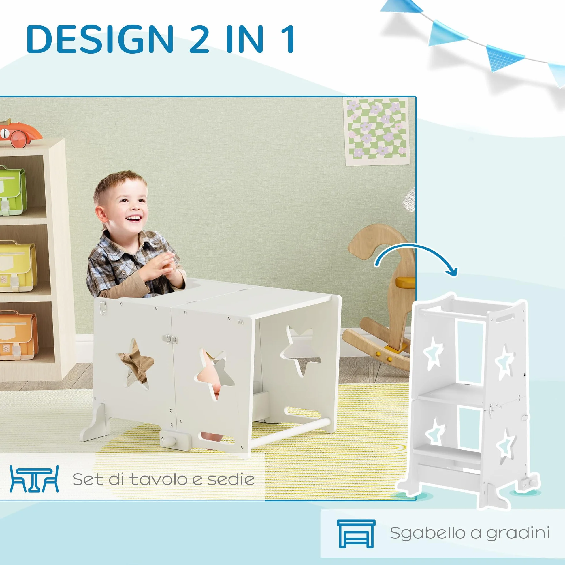 AIYAPLAY Torre de Aprendizaje 2 en 1 Taburete Niños +3 Años Convertible Mesa Silla Barra Seguridad 60x44,5x86 cm Blanco