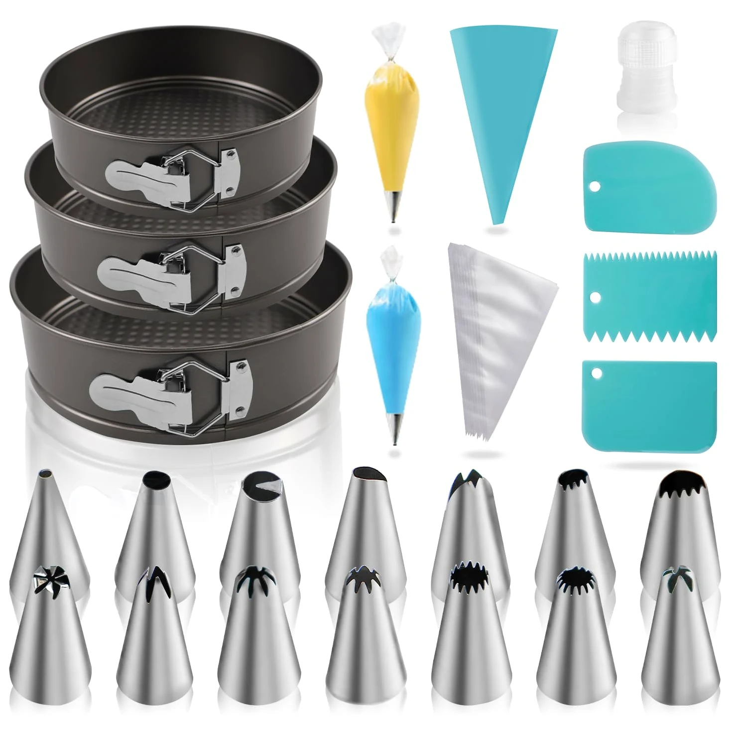 Moldes redondos para tartas de 7/8/9 pulgadas, antiadherentes, moldes redondos para tartas de queso con 100 forros de papel pergamino, 16 boquillas, 3 raspadores