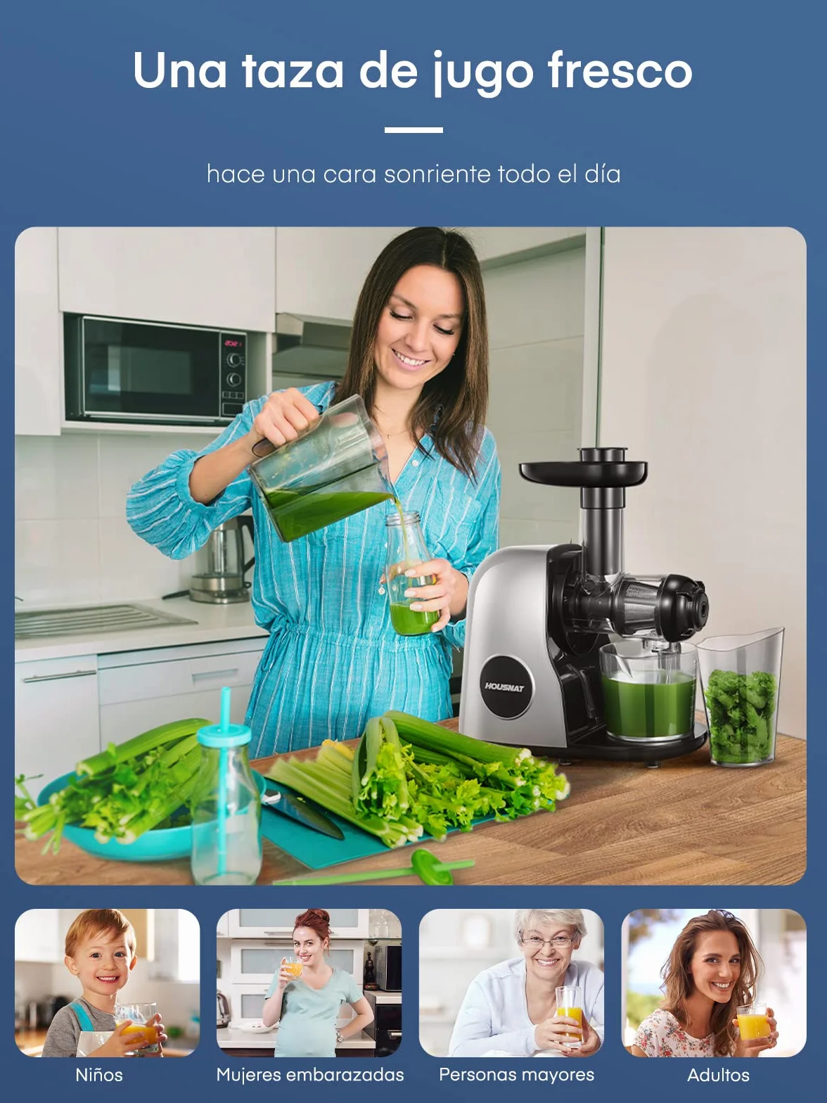 Housnat Extractor de zumos y verduras, Licuadora de Prensado en Frío con Motor Silencioso y Función Inversa, Licuadora para Verduras y Frutas Fácil de Limpiar con un Cepillo Extra, con Recetas