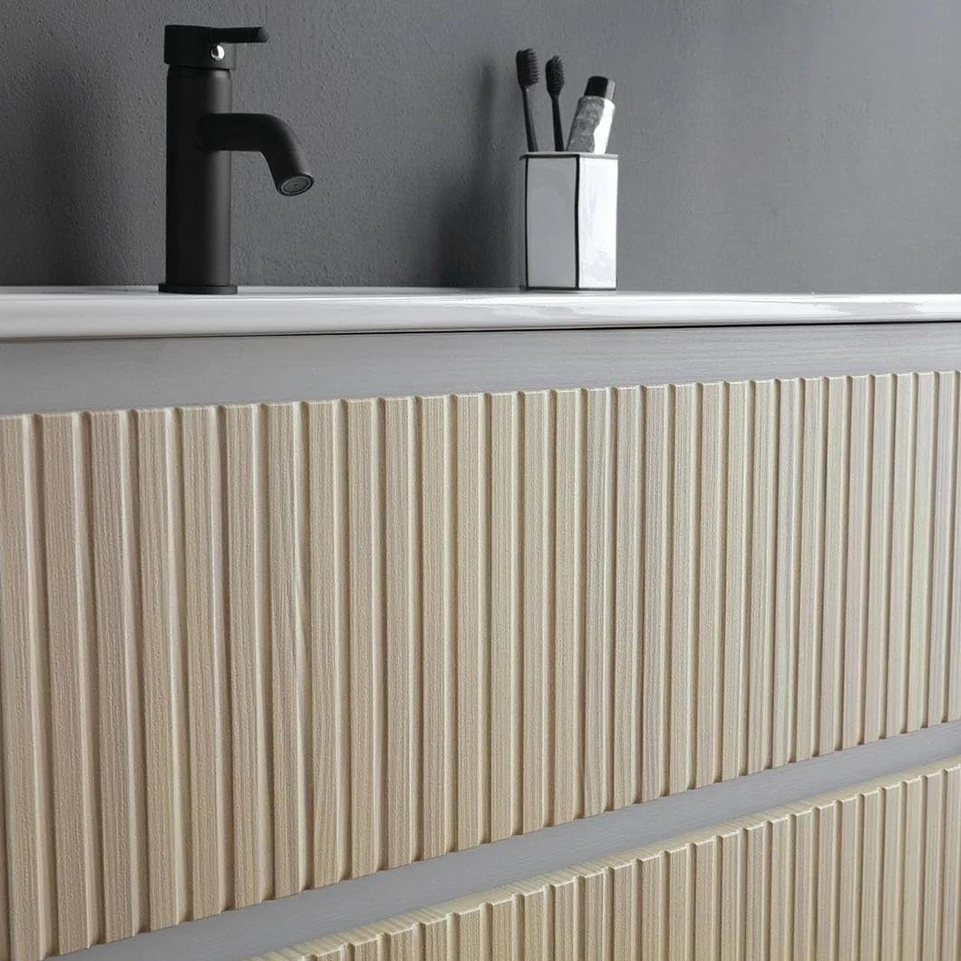 Kiamami Valentina - Mueble de baño suspendido 80cm Blanco con Frontal de Roble Estriado