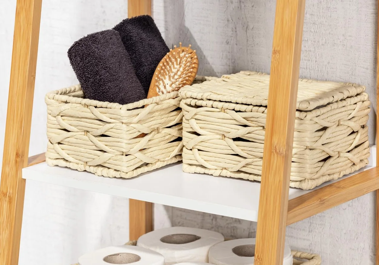 Wenko Badbox Vabriano-Cesta de Almacenamiento de Papel Trenzado con Tapa para baño y Oficina, 19 x 10 x 14 cm, Estilo Bohemio, Color Beige, Metal Lacado