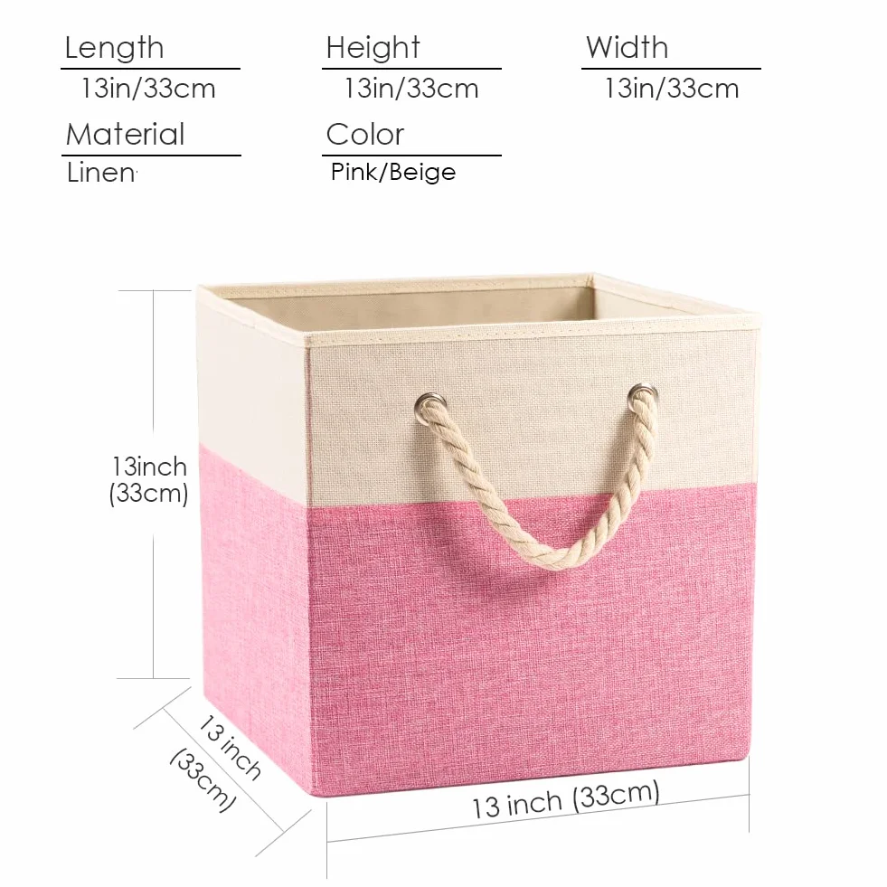 Prandom Cubos de almacenamiento plegables grandes de 33x33x33 cm [paquete de 4] Cajas de almacenaje de lino de tela Cubos Cajón con asas de algodón Organizador para estantes Rosa