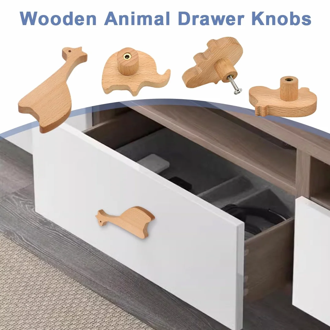 12PCS Tiradores de Armarios Infantiles, Pomos de Madera Infantiles con Forma de Animales para Muebles, Pomos Infantiles para Cajones con Tornillos para Cajones, Armarios, Cómoda