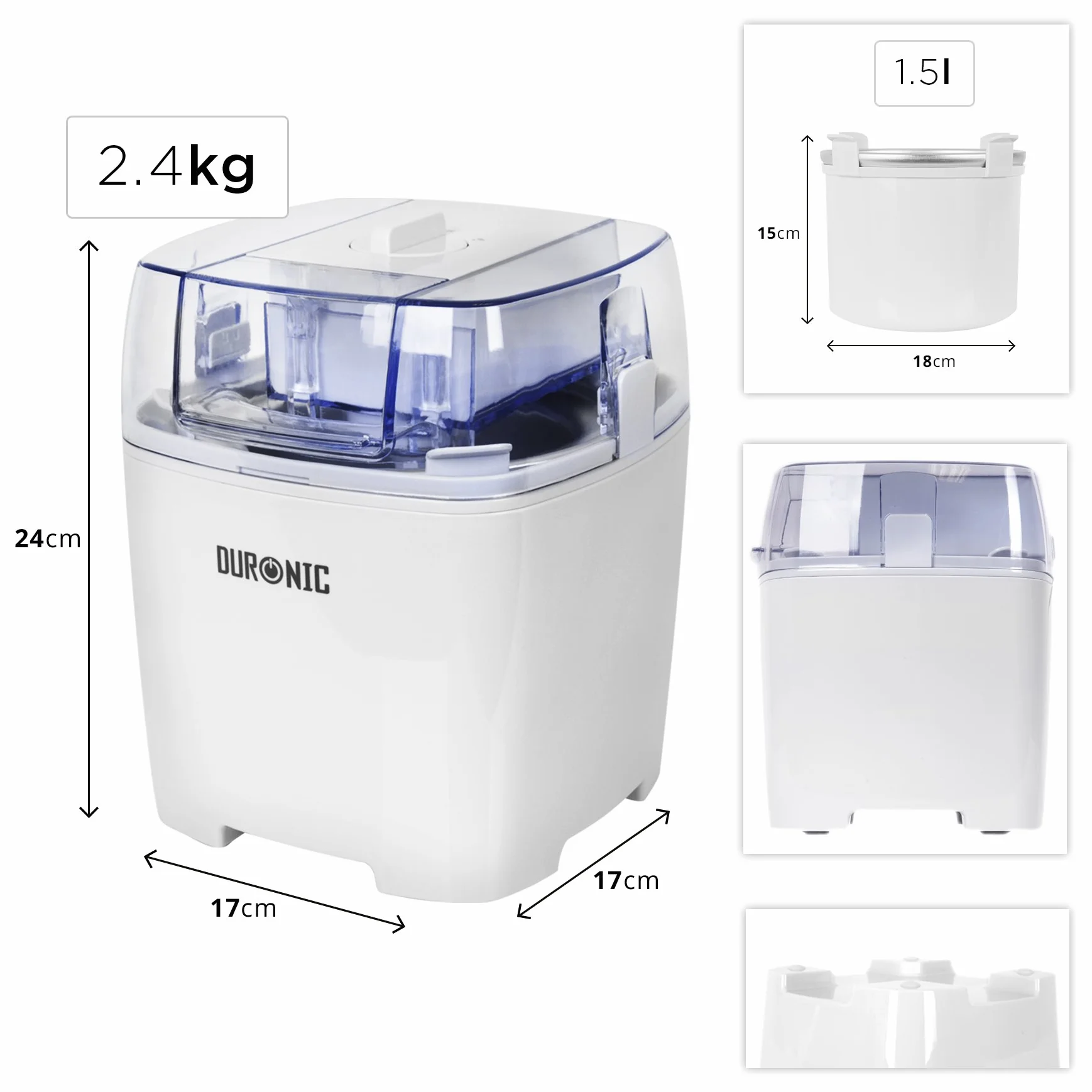 Duronic IM540 Heladera con bol de congelación de 1.5L para hacer helados en 15 a 30 min | Gran potencia | Incluye pala y accesorios | Desmontable y facil de limpiar | Helados caseros sorbete y yogur