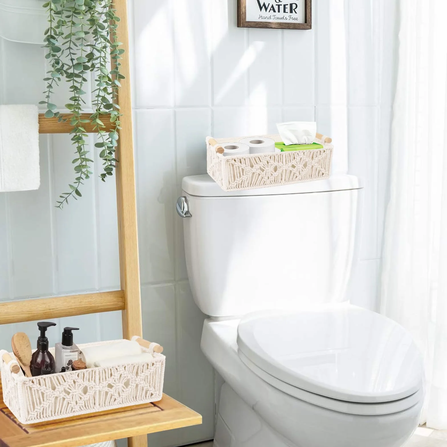 Cestas de Almacenamiento de Macramé Hechas a Mano, Decoración Bohemia, Caja Tejida con Asa, Cesta Trenzada para Baño, Dormitorio, Salón (Blanco Algodón)