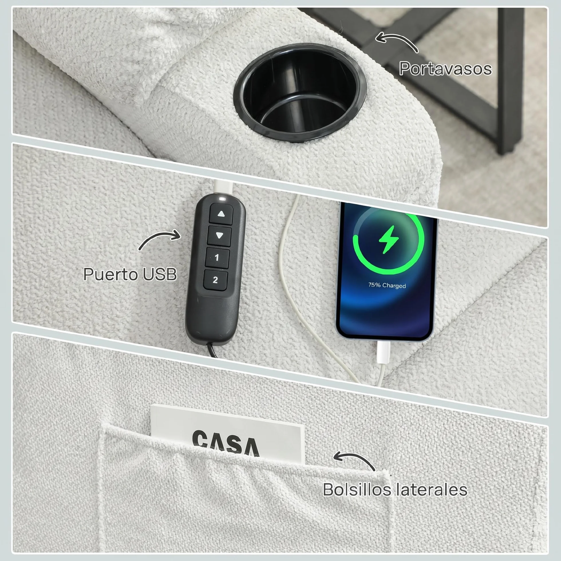 HOMCOM Sillón Relax Reclinable Eléctrico, Sillón Reclinable Silencioso con Función Memoria, Reposapiés, Mando a Distancia, Bolsillos Laterales, Portavasos y Puerto USB, para Dormitorio, Salón, Crema