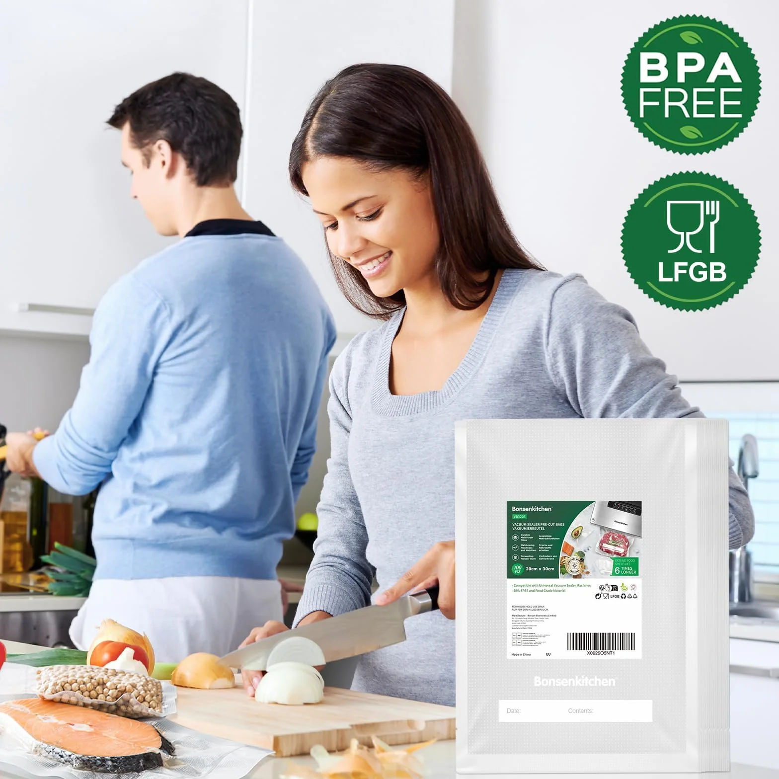 Bonsenkitchen - Bolsas de vacío para alimentos (100 bolsas, 20x30cm, para máquina al vacío, bolsas de PVC para hacer el vacío de aire con gofres para la conservación de alimentos y la cocción, VB3205