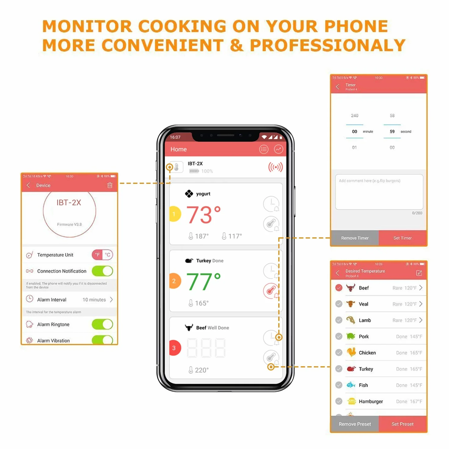 Inkbird IBT-2X Bluetooth Termometro cocina para Barbacoa,Termometros para carne, Sondas de Acero Inoxidable, Portátil, Temporizador, Pantalla LED, Función de Alarma, Apto para Asar Carne,Líquidos