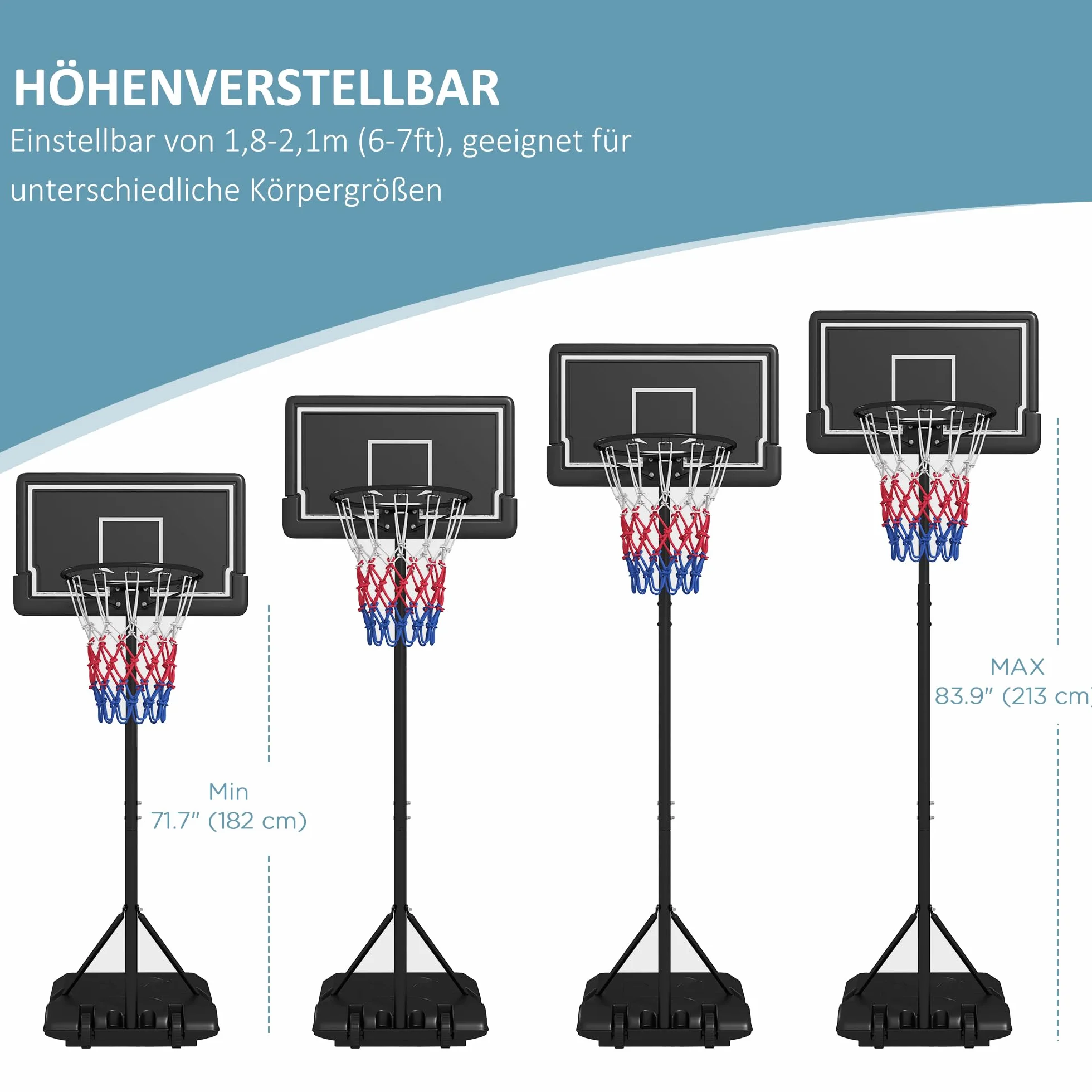 SPORTNOW Canasta de Baloncesto Ajustable 182-213 cm con Ruedas Tablero Irrompible Acero