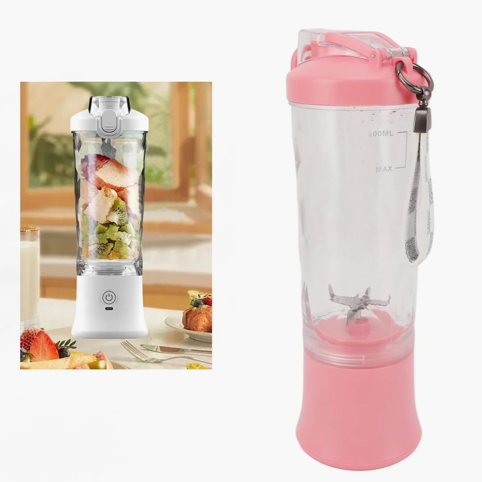 SIXRUN Batidora Portátil, Batidora Personal Recargable por USB con Taza de Acero Inoxidable ABS de 600 Ml, 150 W, 18000 RPM, 2 Modos, para Viajes, Gimnasio, Escuela, Oficina, Batidos y Batidos (PINK)