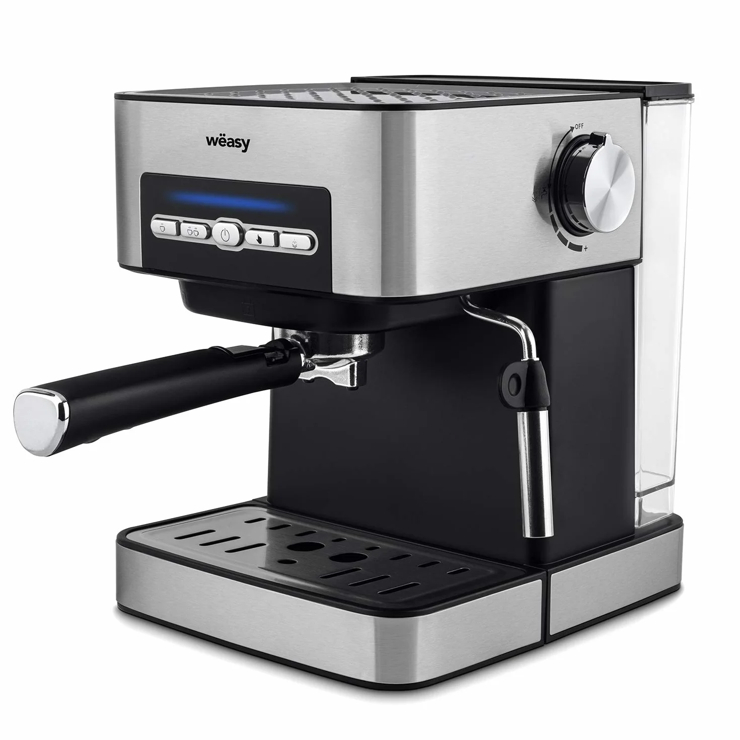 KFX32 Maquina de Café Espresso Programable, 15 Tazas, Depósito de 1.6 litros, Presión Bomba 20 Bares, Brazo Doble Salida, Vaporizador, Superficie Calientatazas, Acero Inoxidable, Plata