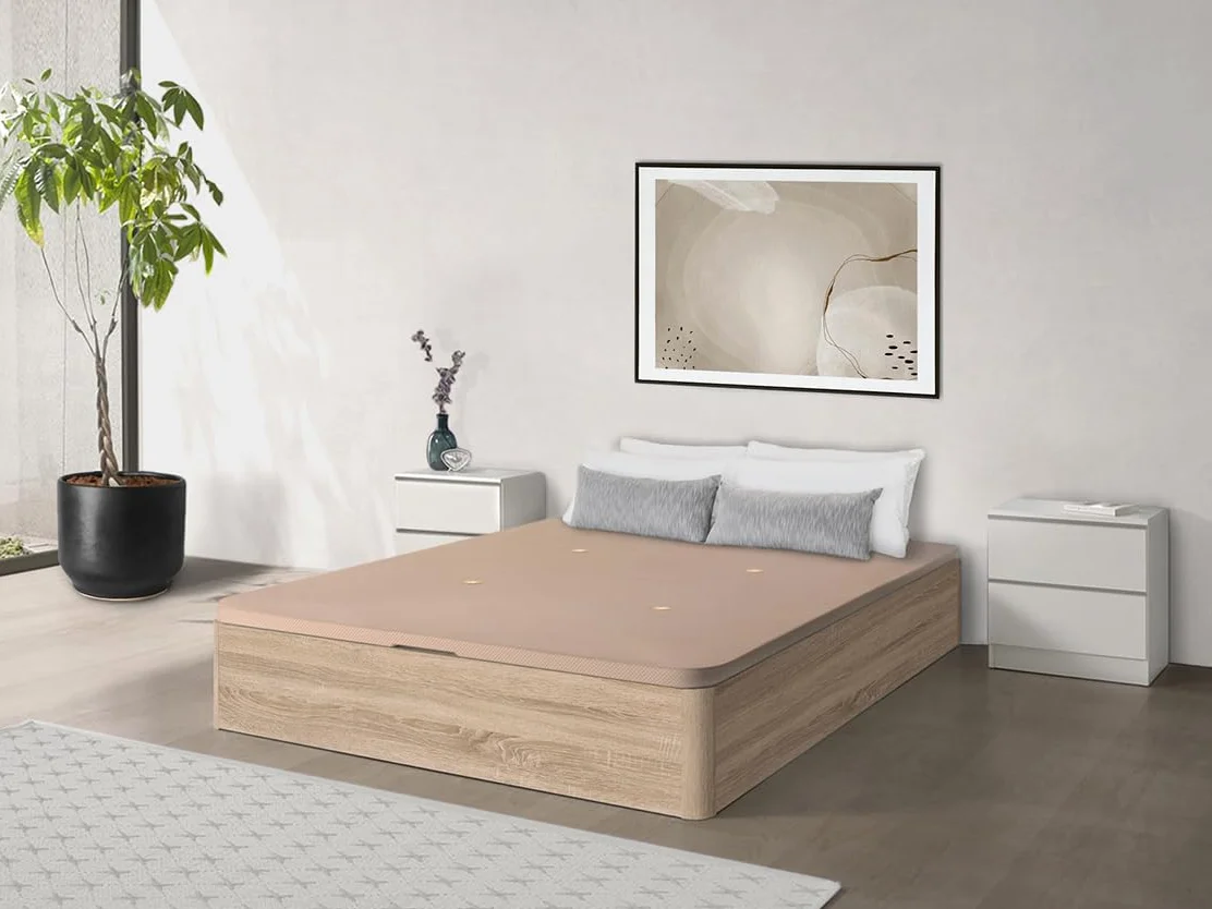 HOGAR24 ES | Canapé Abatible con Tapa Transpirable 3D y Válvulas de Transpiración | Arcón de Almacenaje Gran Capacidad | Esquinas Redondeadas | Color Roble Cambrian | Medidas: 135x190 cm