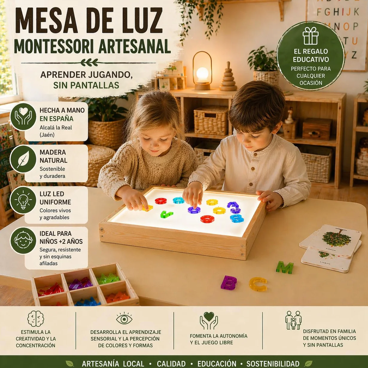 Mesa de Luz Montessori Infantil de Madera con Luz LED Regulable – Juego Sensorial y Educativo – Fabricada en España – Varios Tamaños
