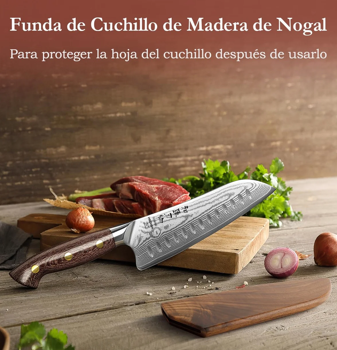 HEZHEN Cuchillo Santoku con Funda de Madera, Cuchillo de Chef Estilo Japonés Cuchillo Gyuto, Hoja de Acero Damasco de Alto Carbono, Full Tang Mango de Micarta