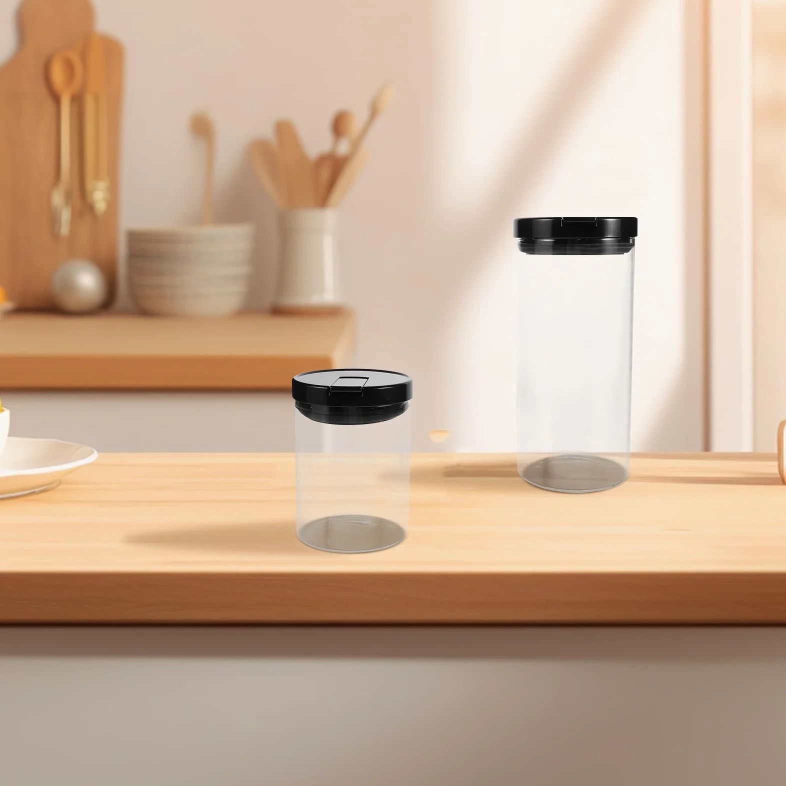 Tarros de Vidrio Herméticos 2 Piezas 700ml y 1200 Ml | Tapa de Plástico Negra, Acabado Transparente Minimalista, Uso en Despensa y Encimera, para Arroz y Granos