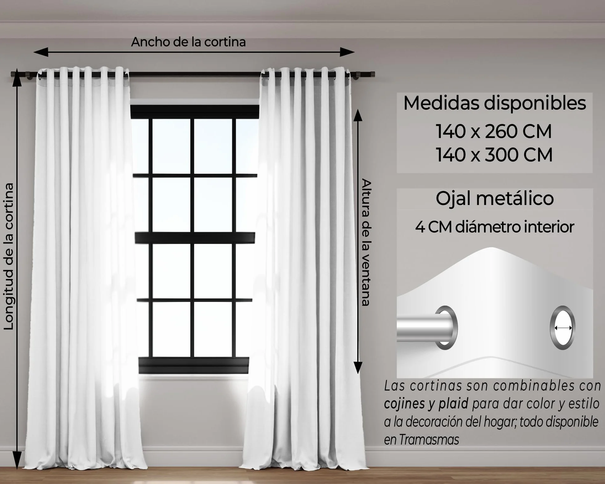 TRAMAS+ Cortinas Visillo Semitransparente 140x260 cm Ojales Blanco