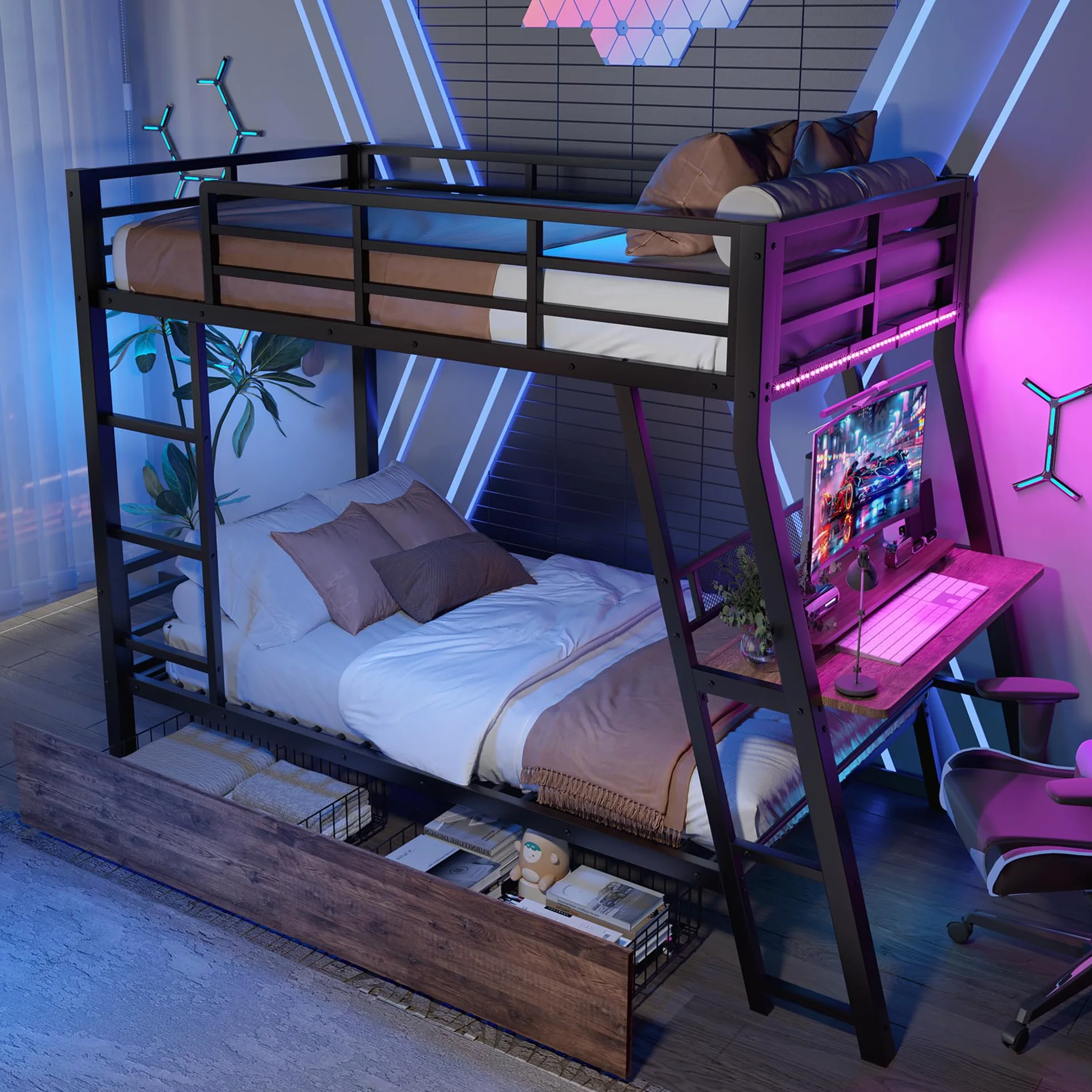 Dolamaní Cama Alta, 90 x 200 cm, de metal, con escritorio y cajones, litera, 2 personas, para adultos/niños, escalera segura, sin colchón (negro)