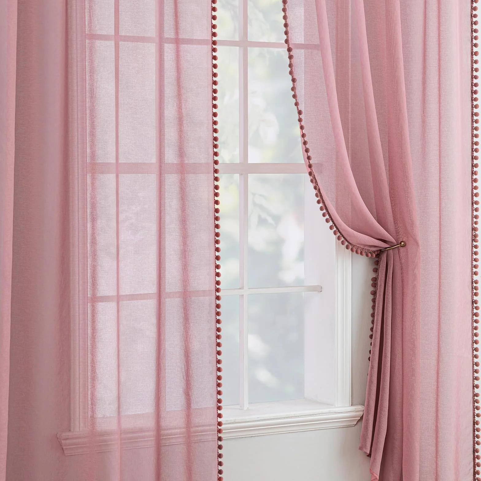 MIULEE Cortina Habitacion Rosa Oscuro con Pompones, 2 Piezas Translucidas 140 x 145cm, Visillos Transparentes para Ventanas