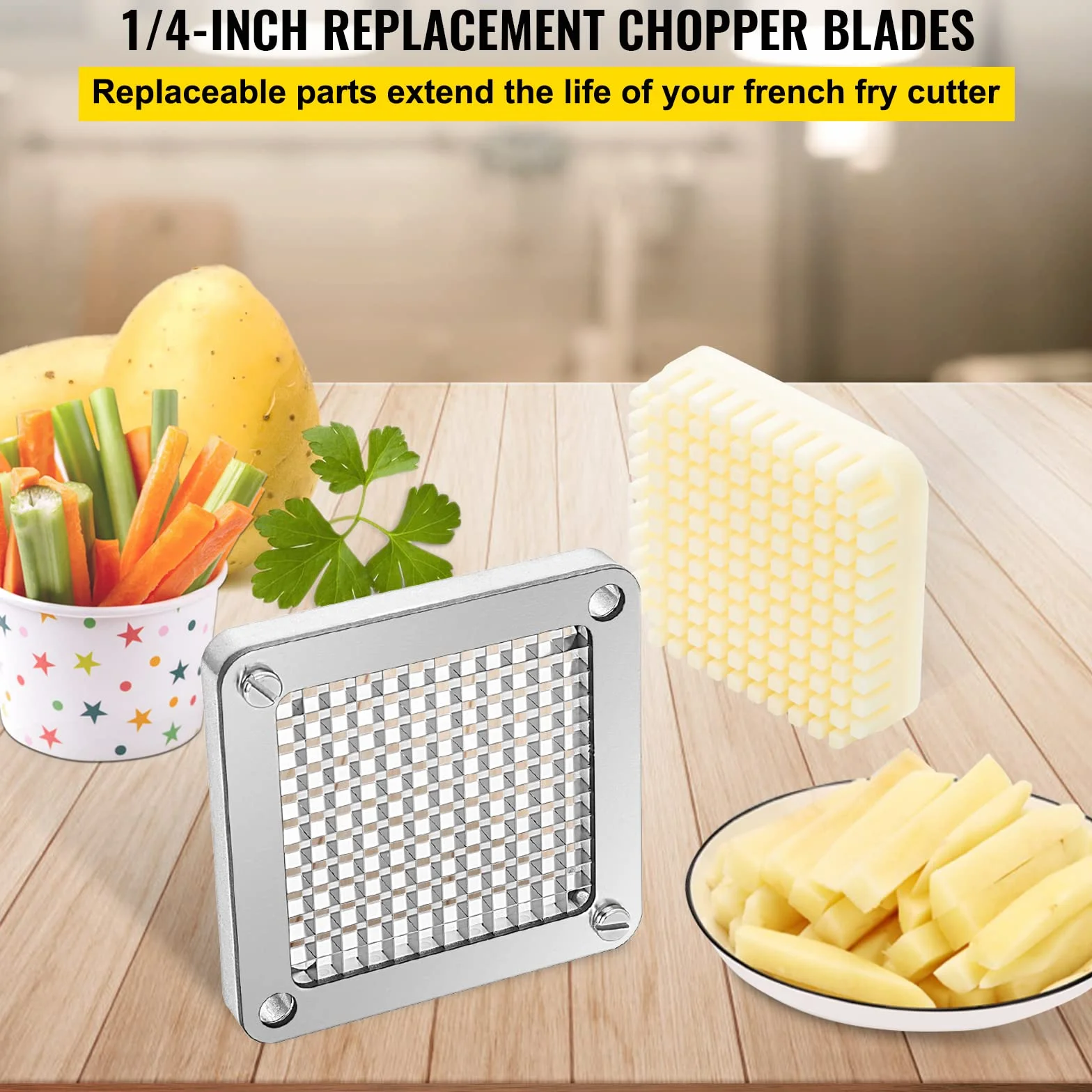 VEVOR Cuchilla picadora de repuesto 1/4" 3 piezas de cuchilla para freír francesa con 6 cuchillos adicionales piezas de acero inoxidable y bloque de empuje para cortar patatas, zanahorias, pepinos