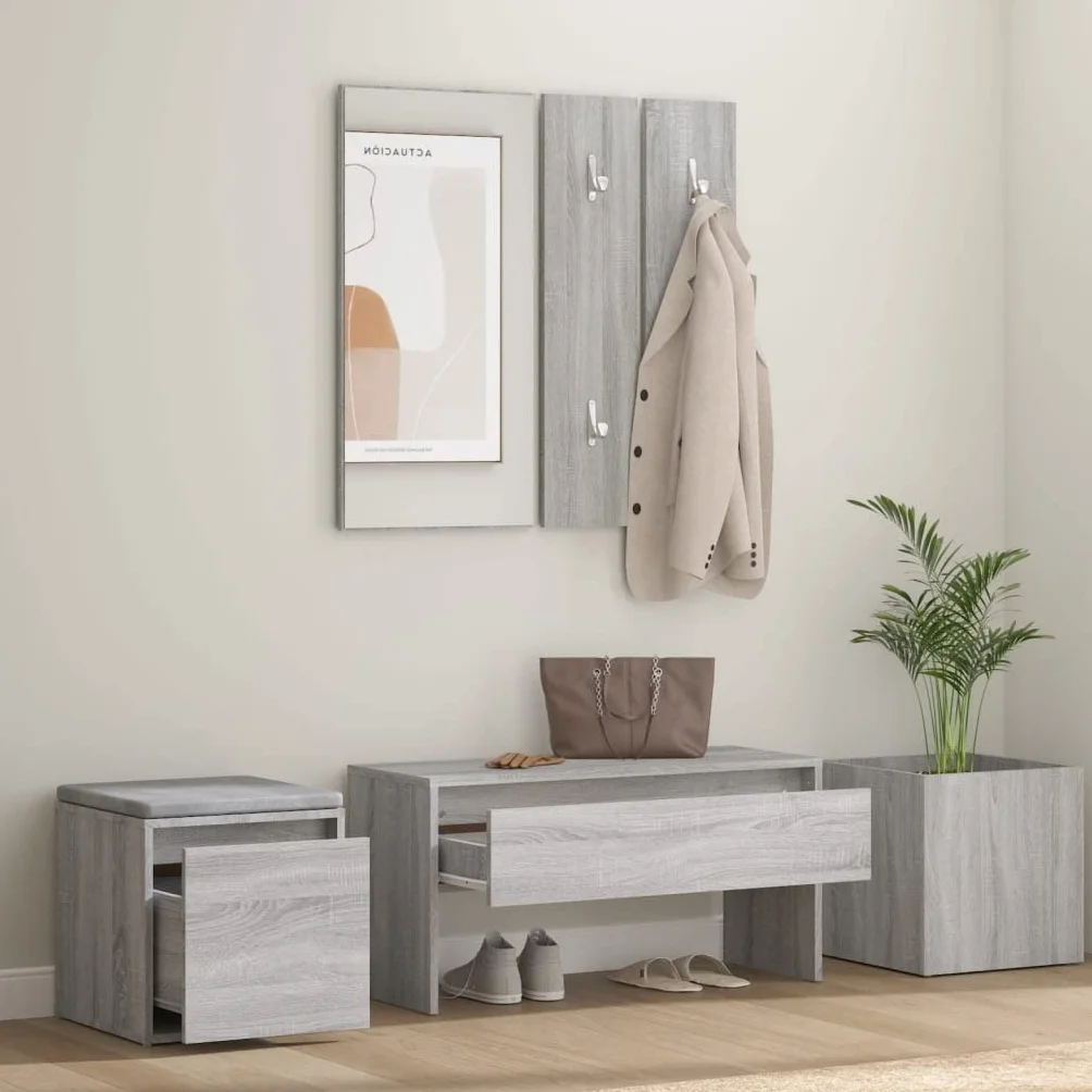 Juego de percheros Sonoma gris de madera con flurbank, espejo, caja de almacenamiento, jardinera, banco, cajón, espacio de almacenamiento para pasillo, entrada, soporta hasta 110 kg