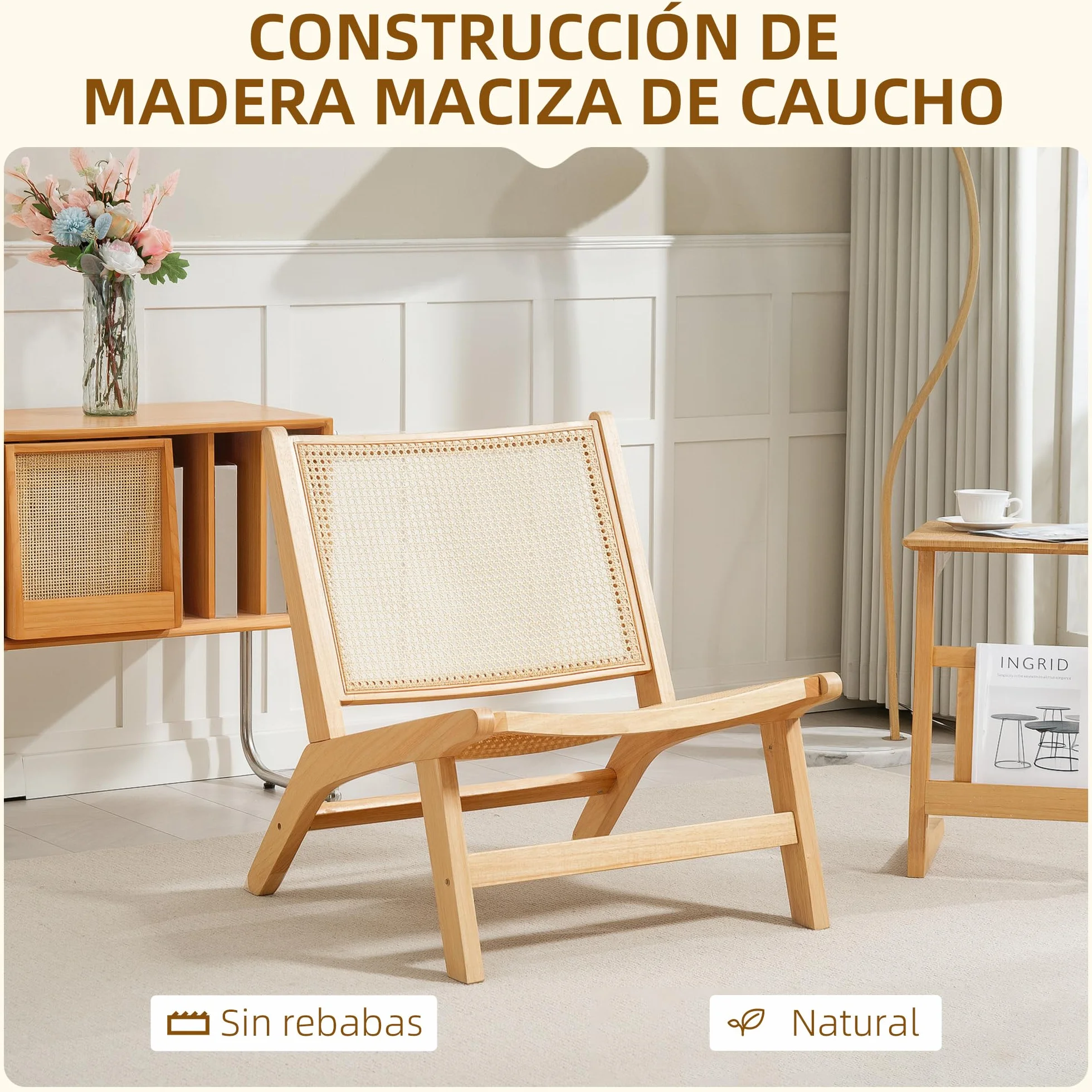 HOMCOM Sillón de Salón Nórdico Butaca de Salón con Respaldo y Asiento Amplio de Ratán Marco de Madera Butaca para Dormitorio Sala de Estar Natural