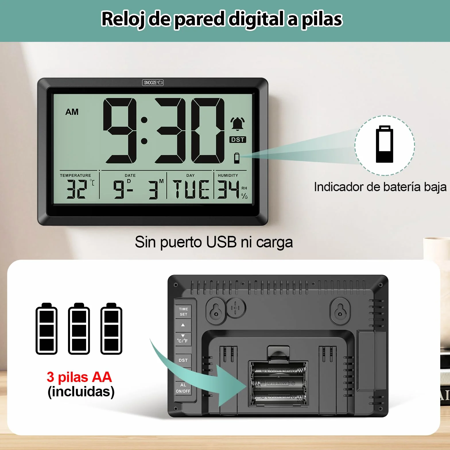 XREXS Reloj Digital de Pared y Mesa de 19,4 x 10,4 cm, Pantalla LCD HD, Reloj Despertador, repetición, DST, Temperatura/Humedad, ℃/℉ y conmutable 12/24 Horas, Funciona con Pilas para hogar y Oficina