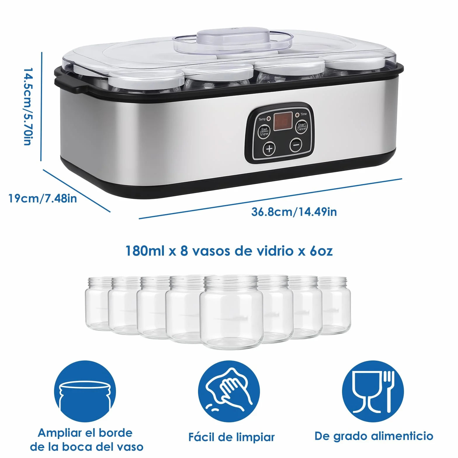 Yogurtera 1400ml, Greek Yogurt Maker with 8x180ml Jars,Yogurtera 8 Tarros con Temporizador y Pantalla LCD, Rango de Temperatura Ajustable 20–55°C,Yogurt Maker para Yogur Casero y Probióticos