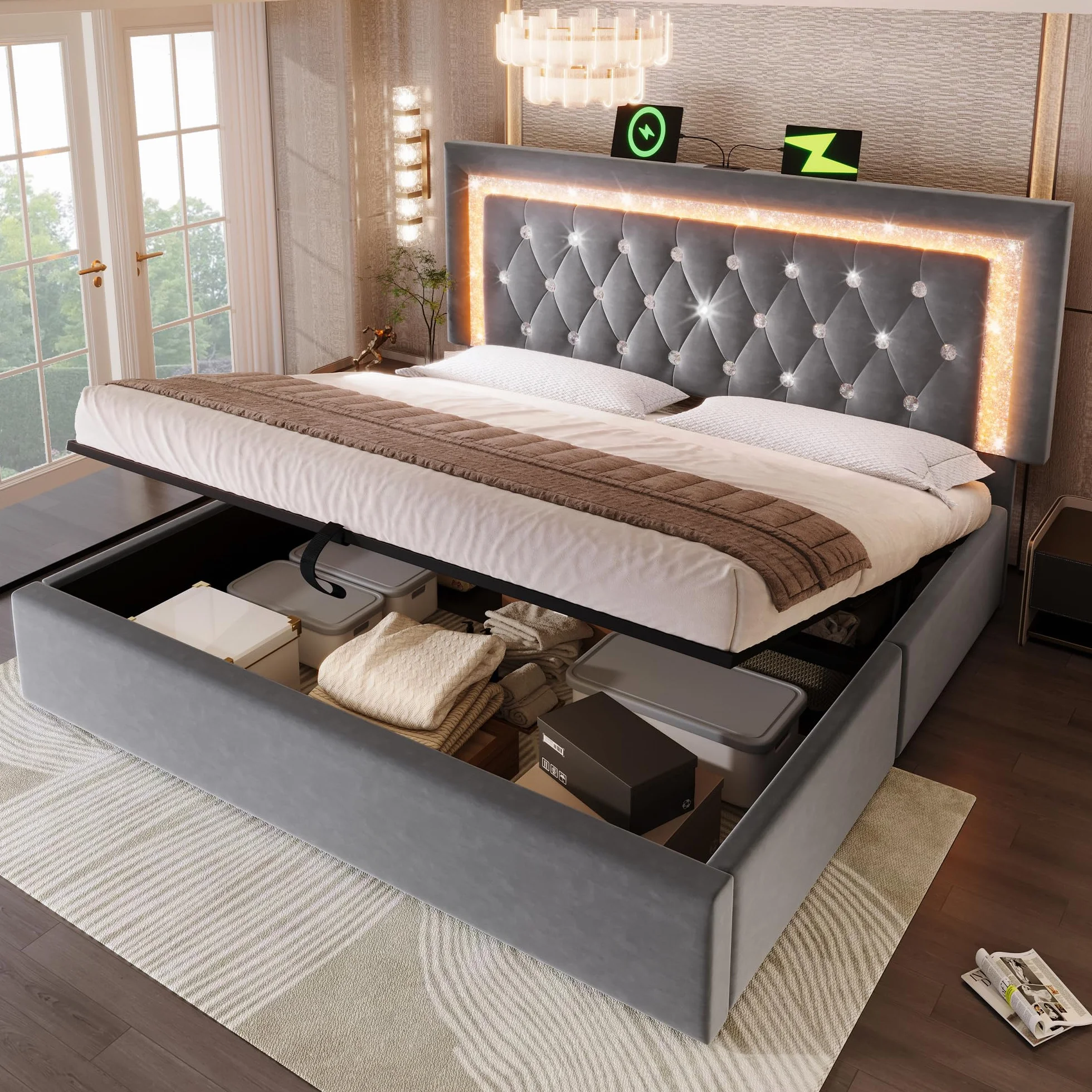 Cama Tapizada Matrimonio 140x200 cm con Cabecero LED y Carga USB, Camas Juveniles con Almacenaje Hidráulico, Camas Matrimoniales con Lamas de Madera, Terciopelo, Sin Colchón, Gris