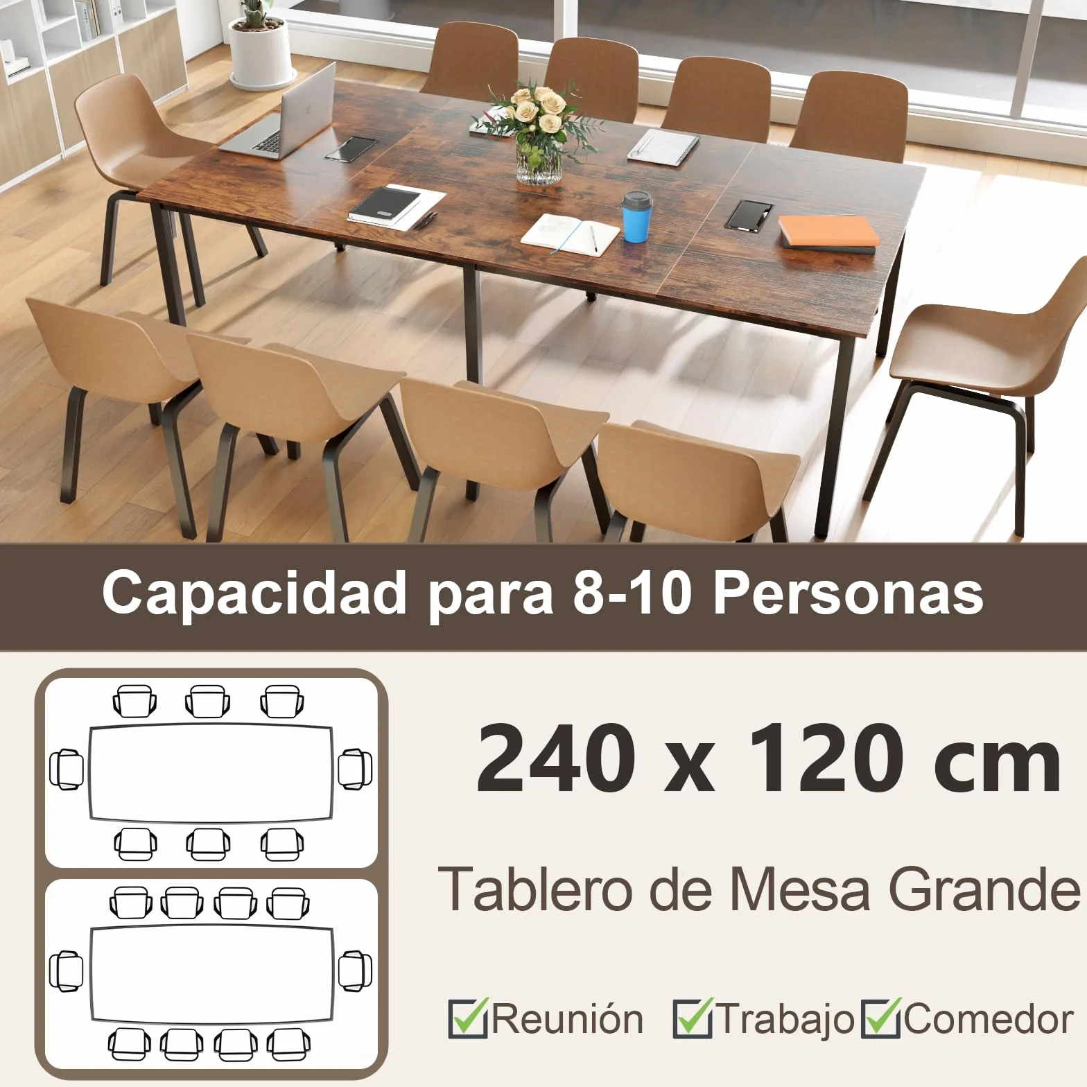 COSTWAY Mesa de Reunión 240 x 120 cm, Mesa Grande de para 10 Personas, Escritorio Rectangular con 2 Pasacables, Oficina, Sala de Juntas, Marrón Rústico