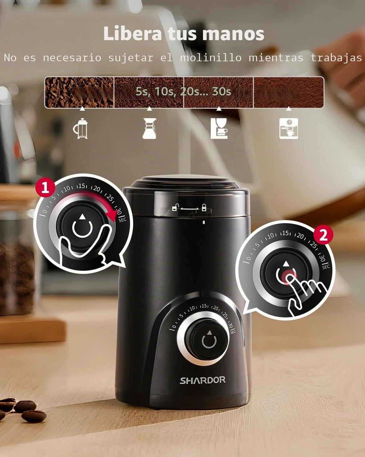 SHARDOR Molinillo de café eléctrico, molinillo de especias de gran capacidad de 70 g con perilla de sincronización visual para una molienda precisa, molinillo silencioso de granos de café para