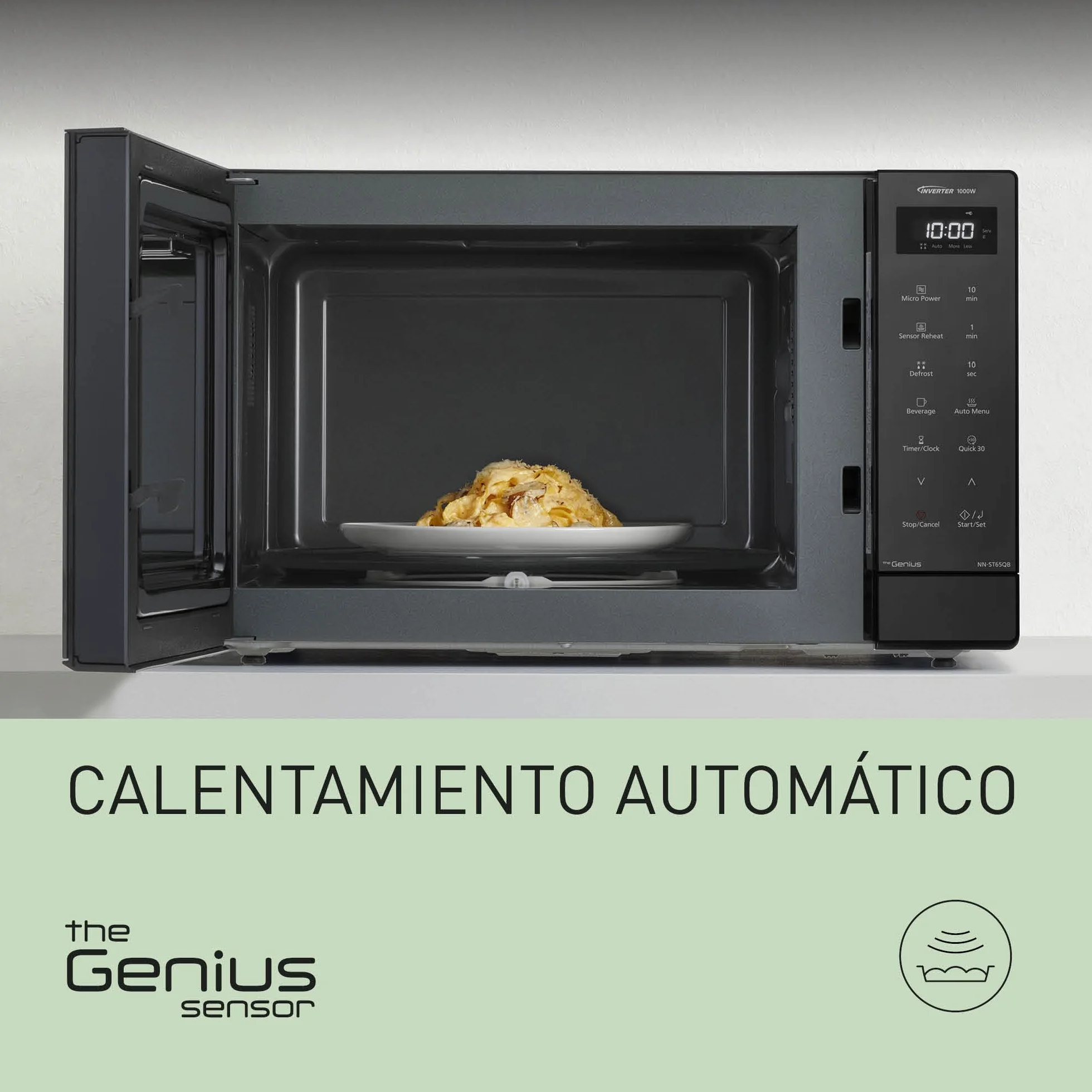 Panasonic NN-ST65QBEPG Microondas Solo Inverter 32L, 1000 Vatios Potencia, Tecnología Genius Sensor, 20 Programas Auto, Función Quick 30, Control Táctil, Plato Giratorio Grande, Negro