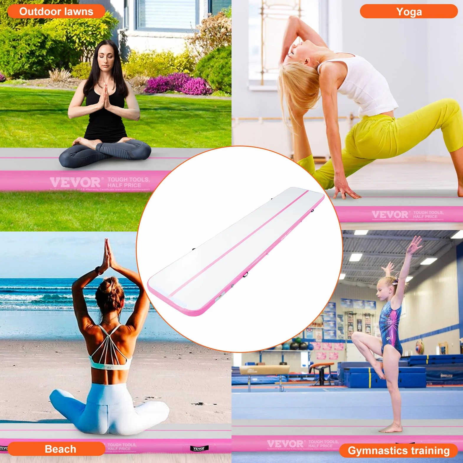 VEVOR Colchoneta Inflable de Gimnasia 10 cm Grosor, Pista de Acrobacia con Bomba Eléctrica, 5 m, Rosa