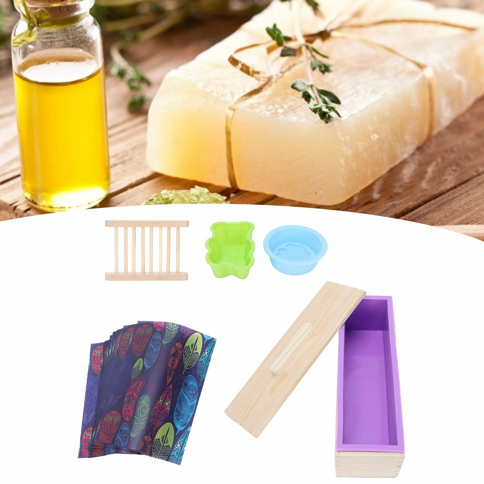 Kit de forma de jabón de silicona para bricolaje |4 en 1 con caja de madera |para (Purple)