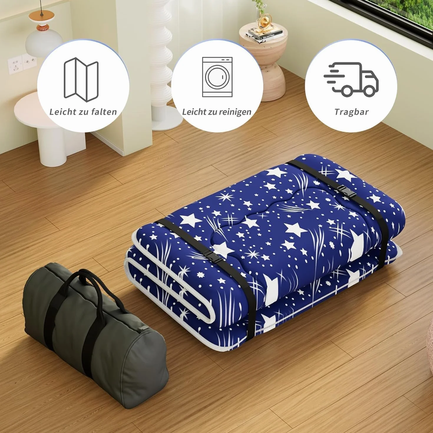Kiseely Colchones para futones, Colchón futón japonés, Tatami Plegable, portátil, con Bolsa y Correa, para Dormitorio, colchón de Suelo Grueso, colchón Enrollable para Acampar (Azul RC1, 120X200cm)