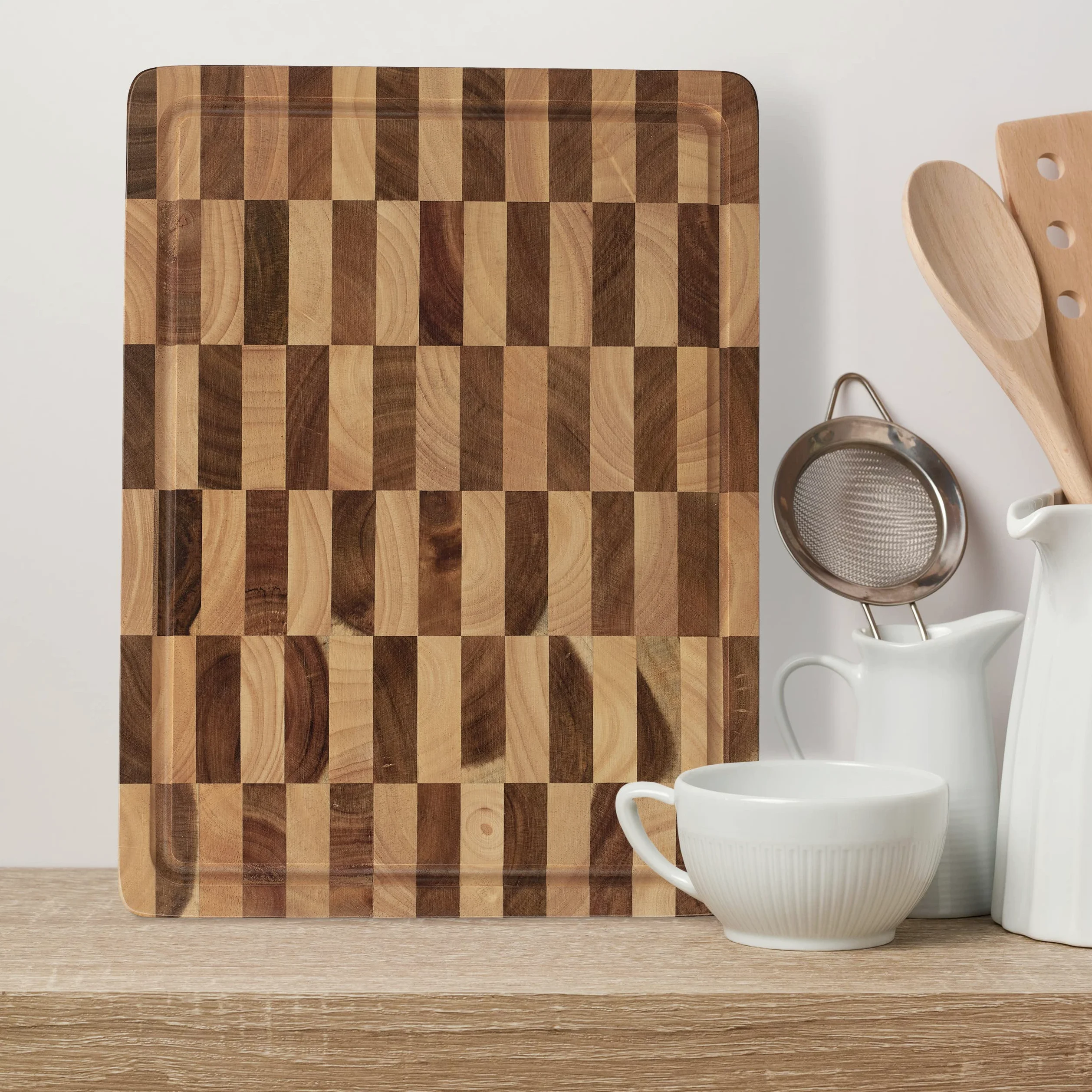 Relaxdays Tabla de Cortar, Madera Acacia, Bandeja Picar Carne Maciza, 40x30cm, Protege Cuchillos, Surco de Goteo, Marrón