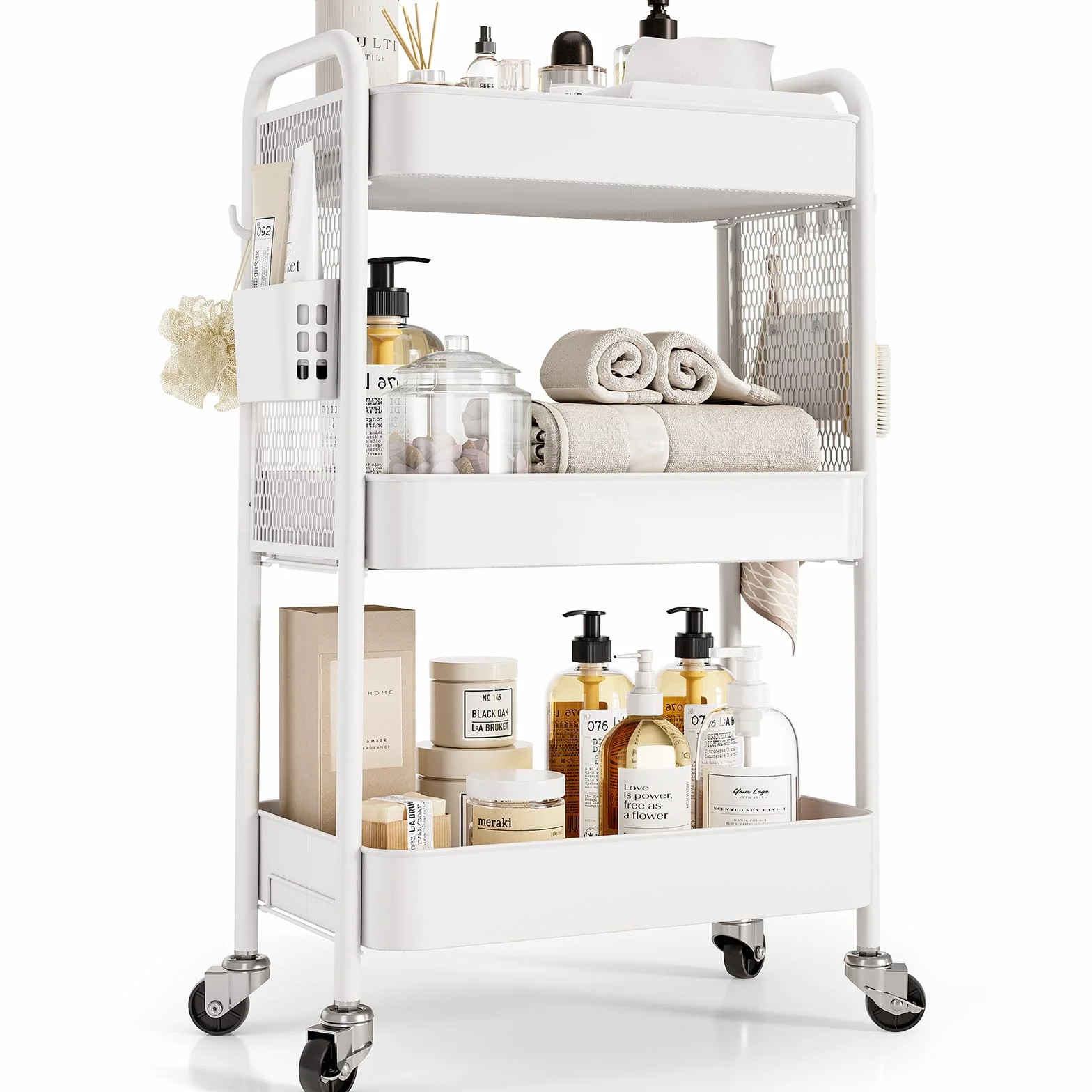 Urackify Carrito de Almacenamiento utilitario para diversas Aplicaciones – Carrito rodante de Metal de 3 Niveles con tableros de Clavijas, cestas y Ganchos para Almacenamiento Adicional en Cocina,