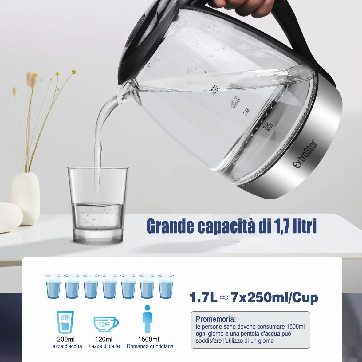 EXTRASTAR Hervidor de agua eléctrico, hervidor con luz indicadora LED azul, hervidor eléctrico sin BPA con apagado automático y protección contra ebullición en seco Acero Inoxidable 1.7L