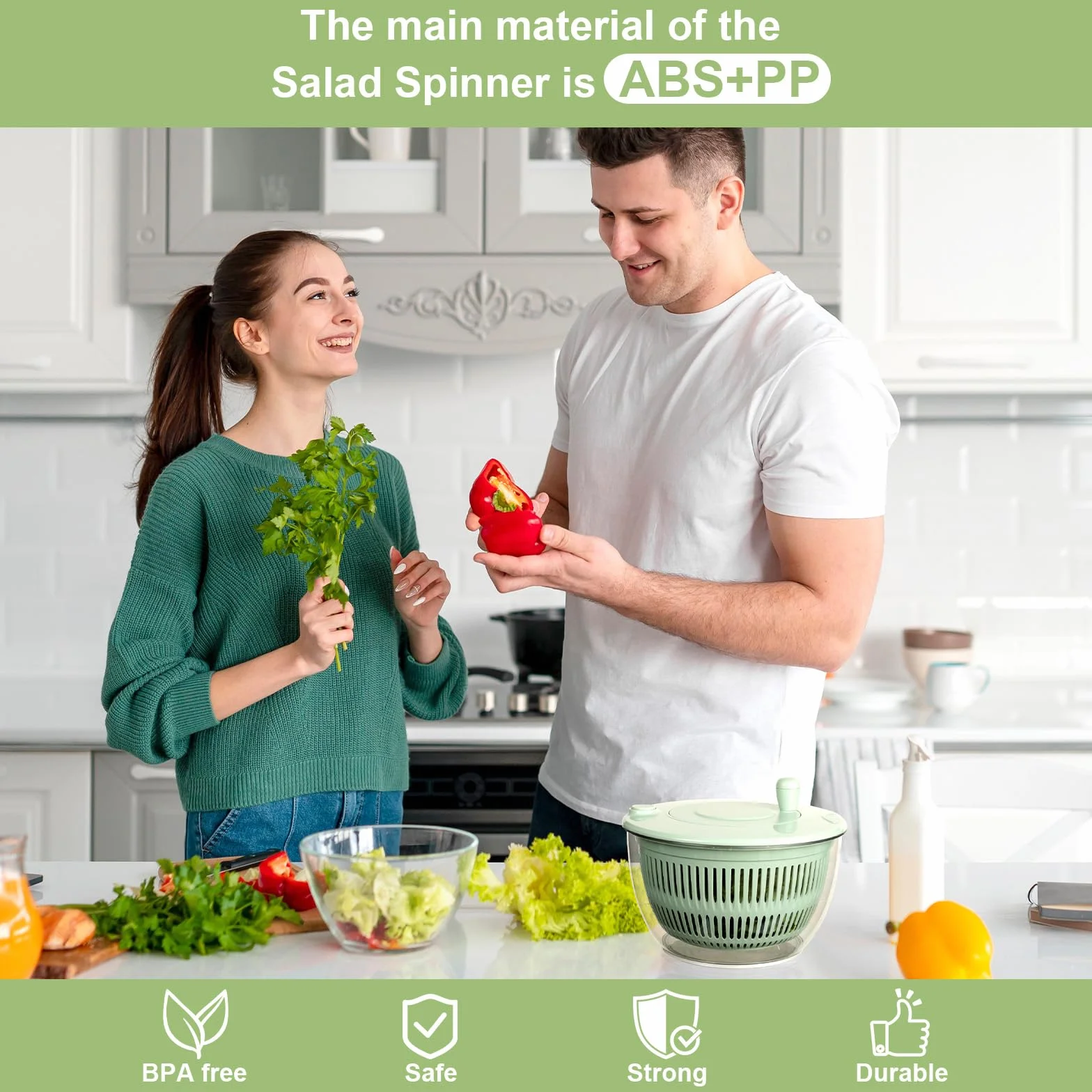 VINATO Centrifugadora Lechuga 4,5L, Mandolina de Cocina Multiusos, Escurridor Verduras para Lavar, Centrifugar y Cortar. Ensaladera con 5 Cuchillas + 1 Accesorio para Zumos.