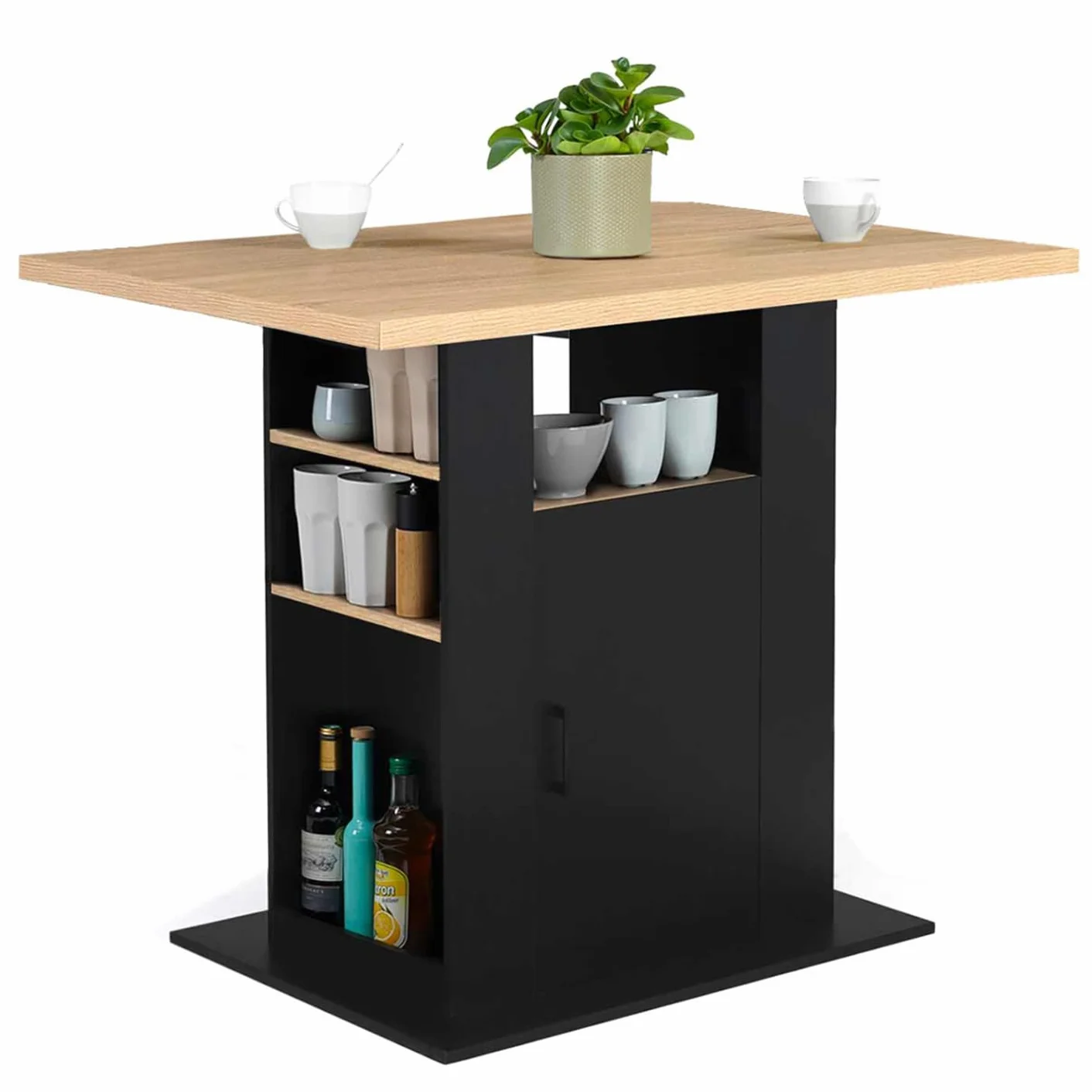 IDMarket – Ilot Central UGO 110 cm madera negra e imitación haya con almacenamiento