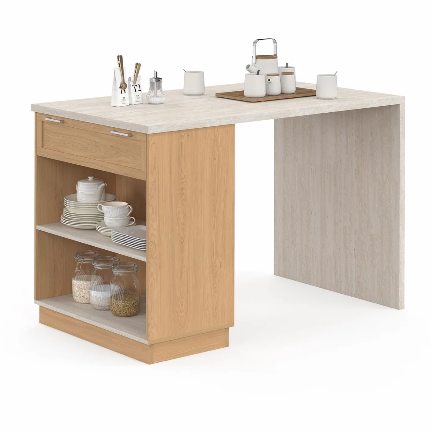 IDMarket – Ilot Central - Comedero de pie para 4 personas VITO 130 cm, madera y bandeja efecto travertino
